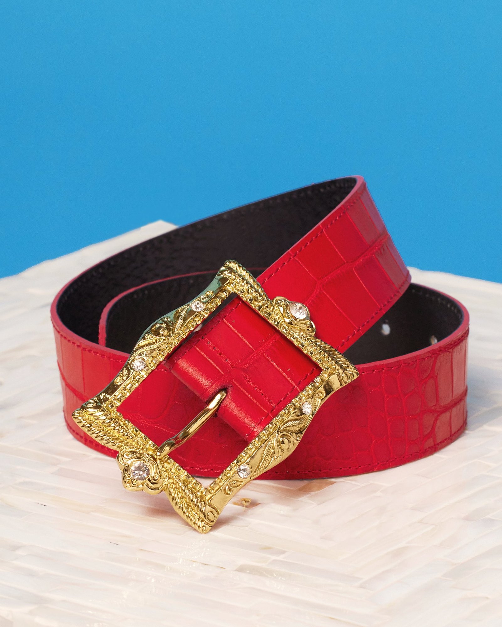 Blair Leather Belt in Croc-Embossed Red
